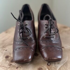 Naturalizer Thrown Brown Leather Lace Up Oxford Heels Square Toe Brogue Pumps 4M